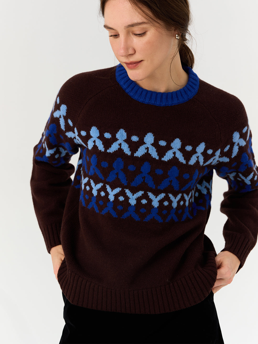 Crew Neck Jacquard Wool Knit Sweater