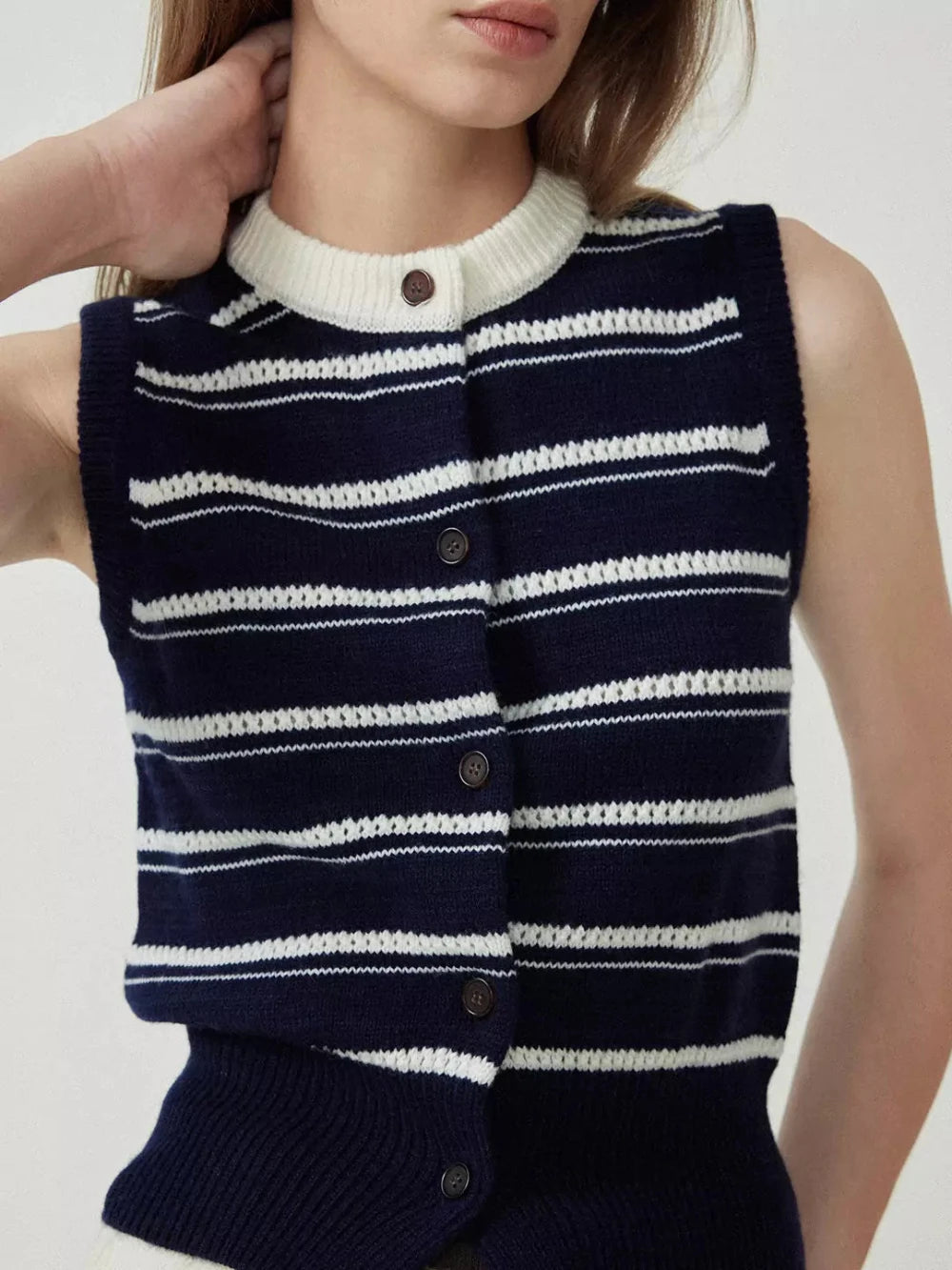 Wool Blend Hollow Stripe Color Block Knit Vest