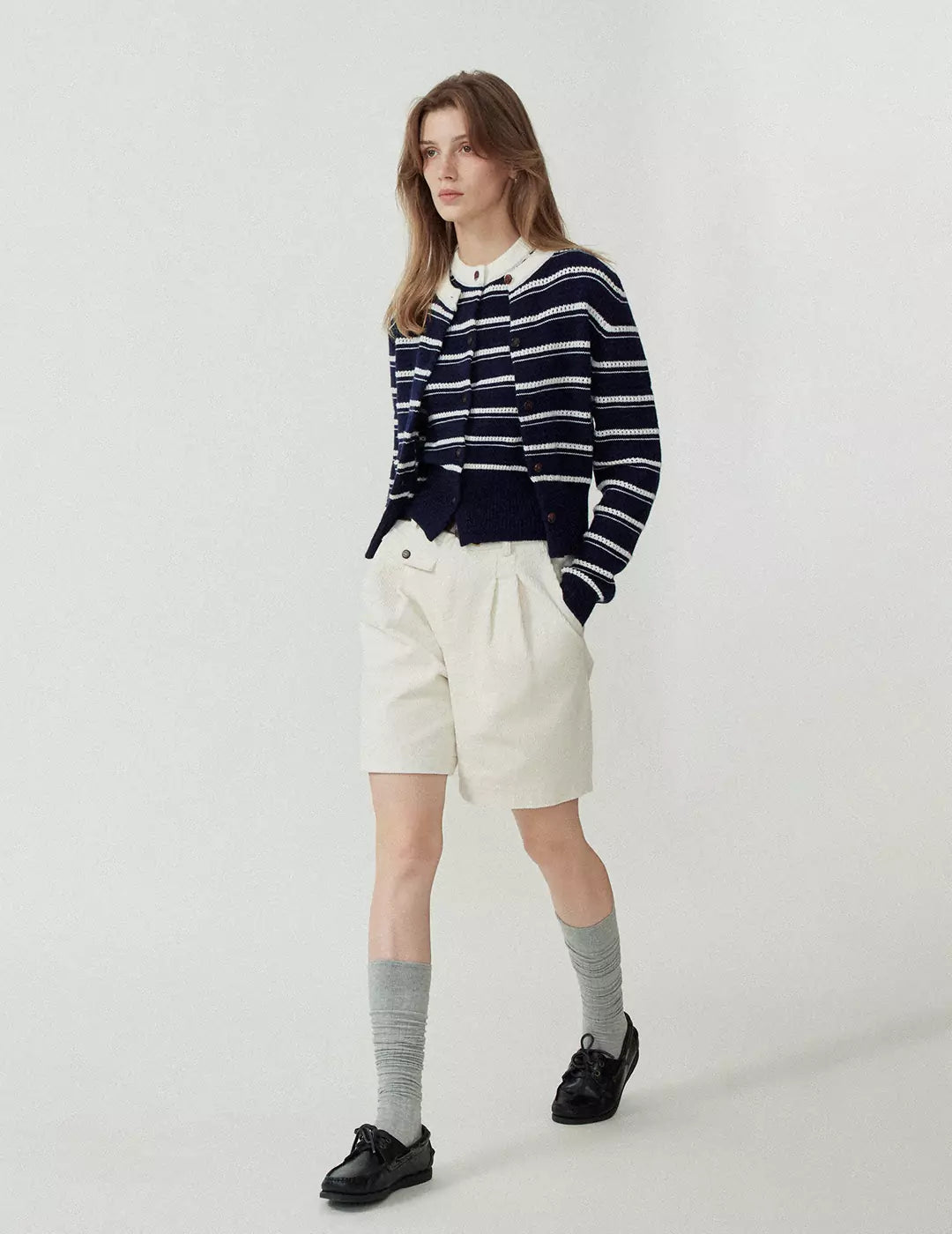 Wool Blend Hollow Stripe Color Block Knit Cardigan