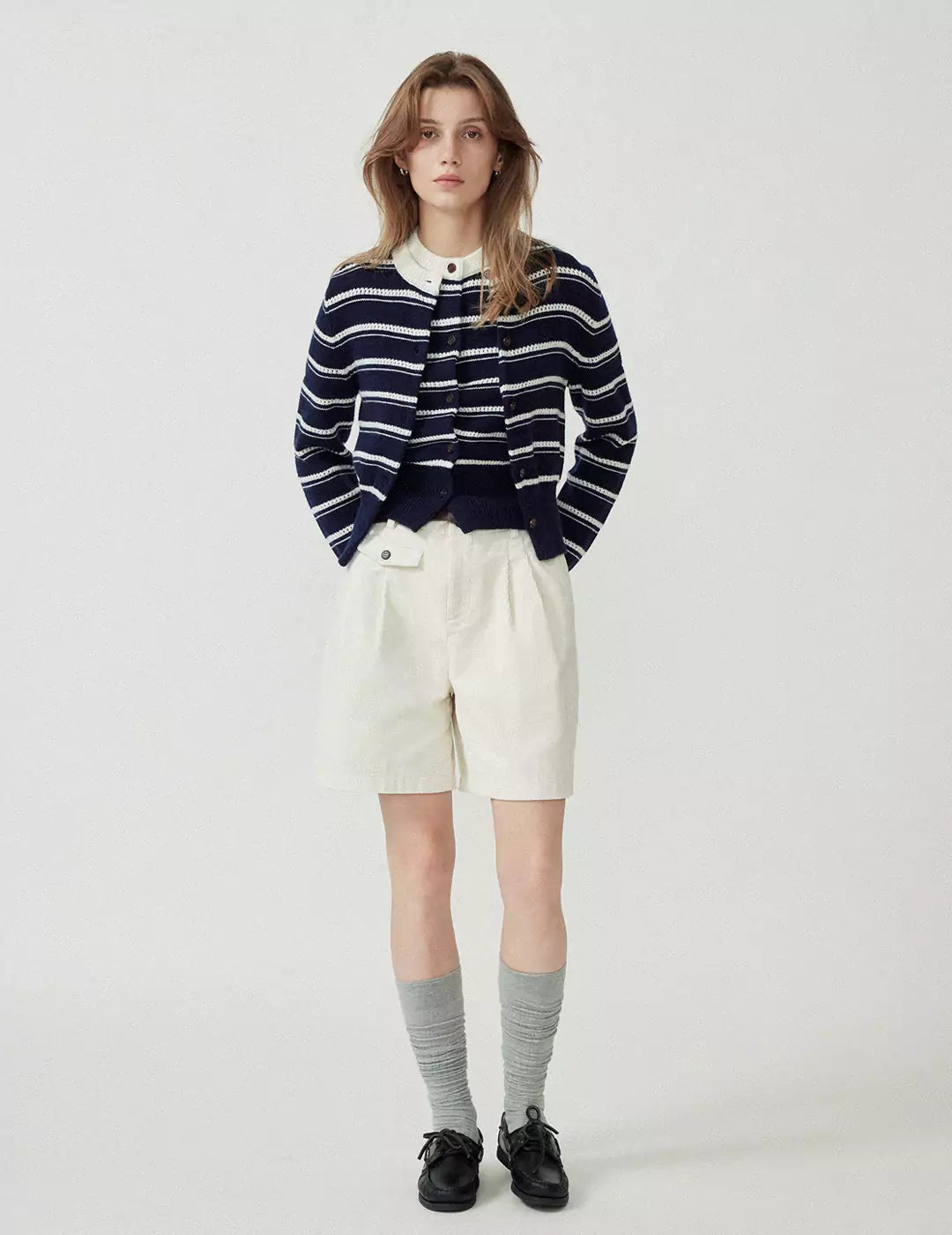 Wool Blend Hollow Stripe Color Block Knit Cardigan