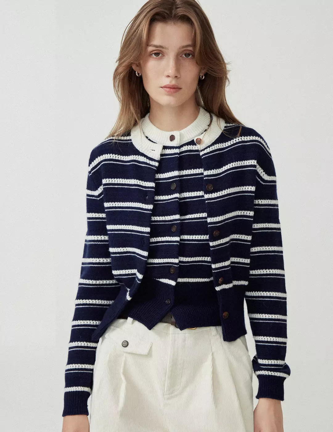 Wool Blend Hollow Stripe Color Block Knit Cardigan