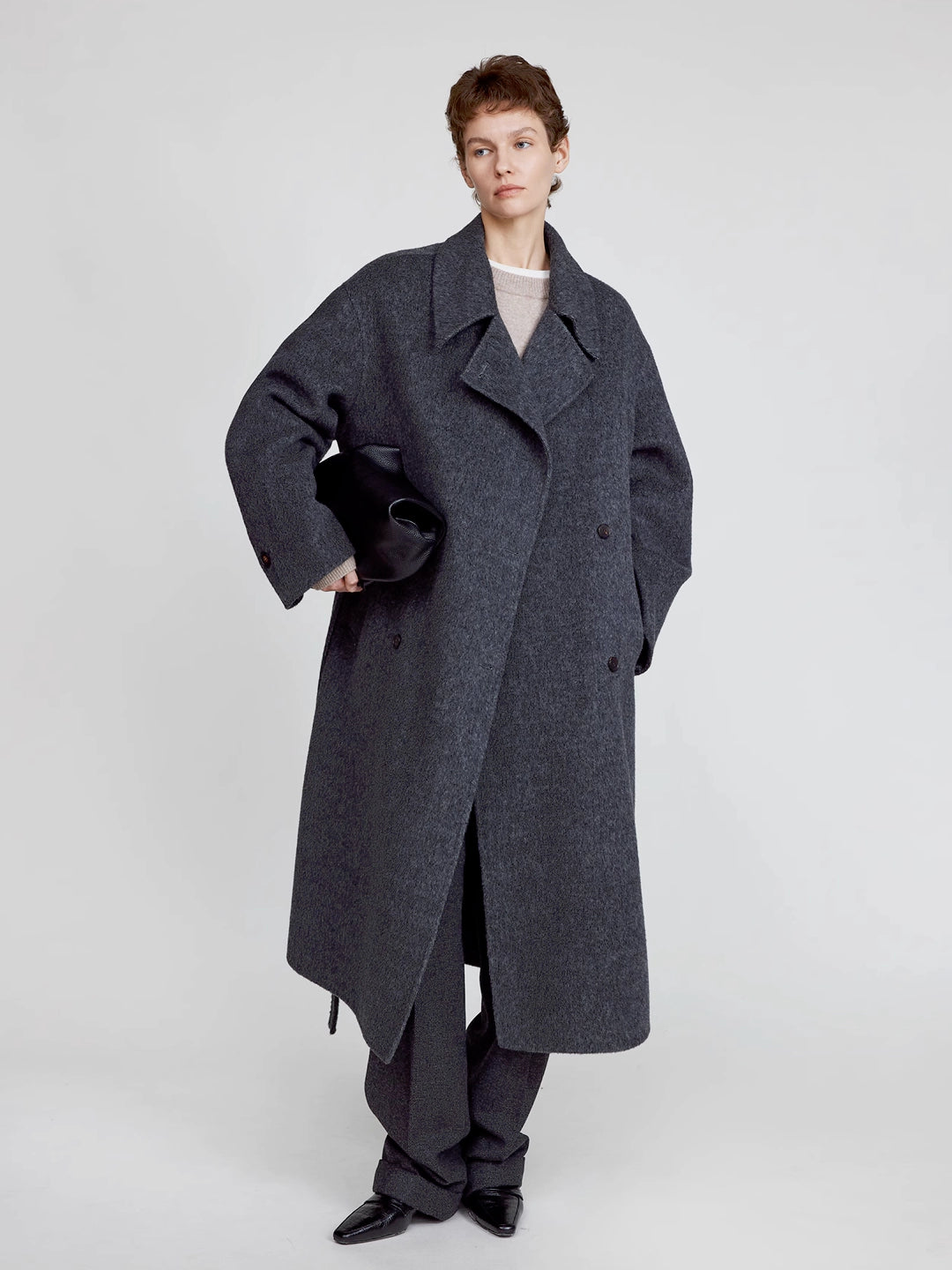 Maxi Lapel Long Wrap Coat in Wool Blend