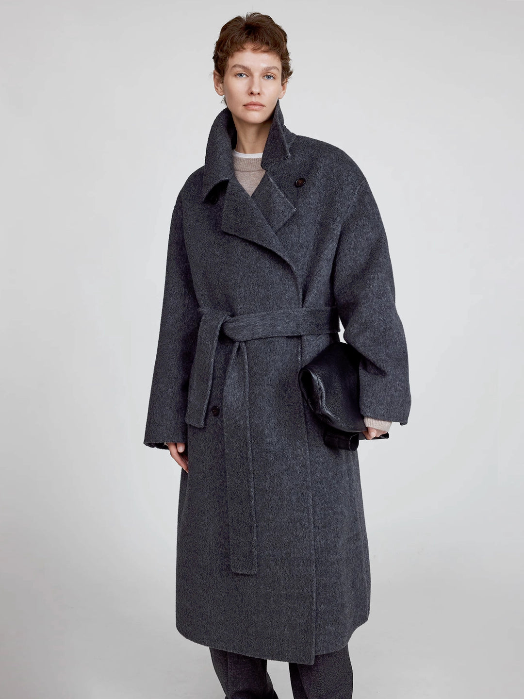 Maxi Lapel Long Wrap Coat in Wool Blend