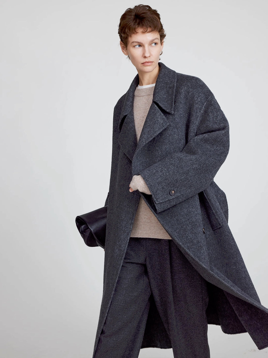 Maxi Lapel Long Wrap Coat in Wool Blend