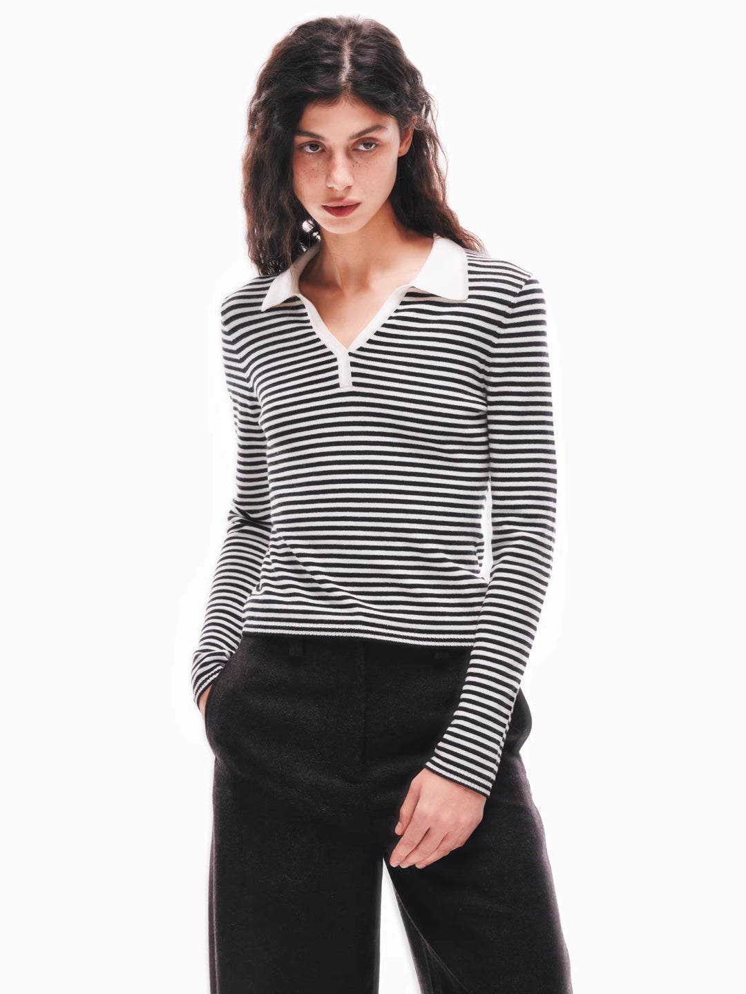 Striped Polo Neck Sweater in Merino Wool Blend