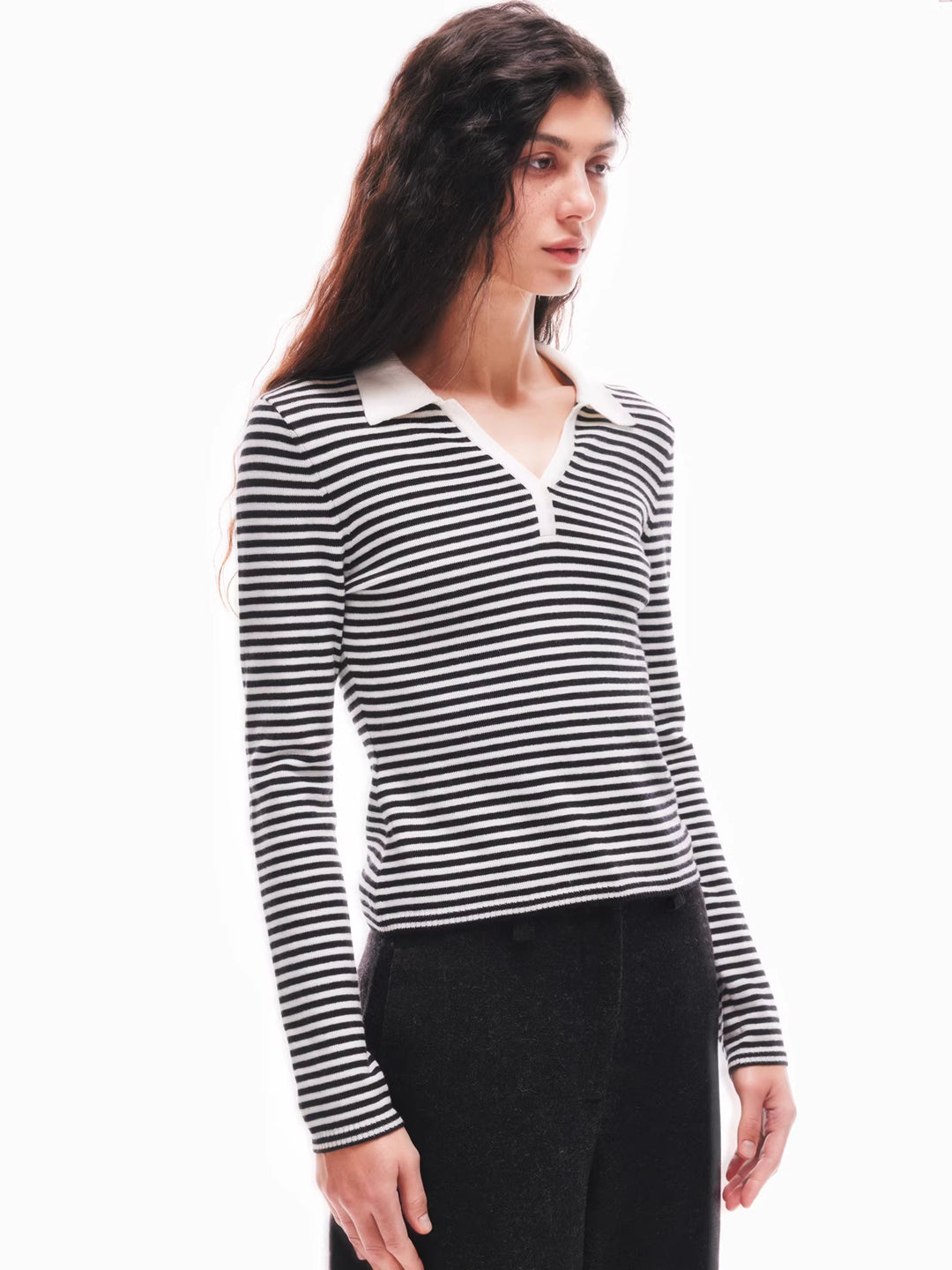 Striped Polo Neck Sweater in Merino Wool Blend