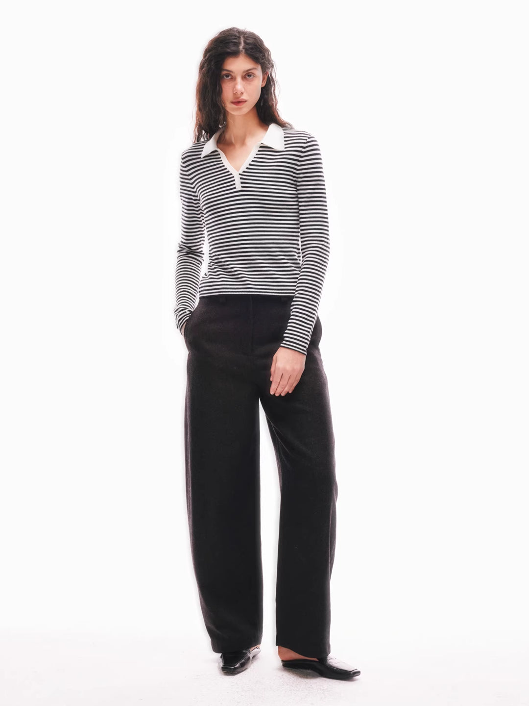 Striped Polo Neck Sweater in Merino Wool Blend