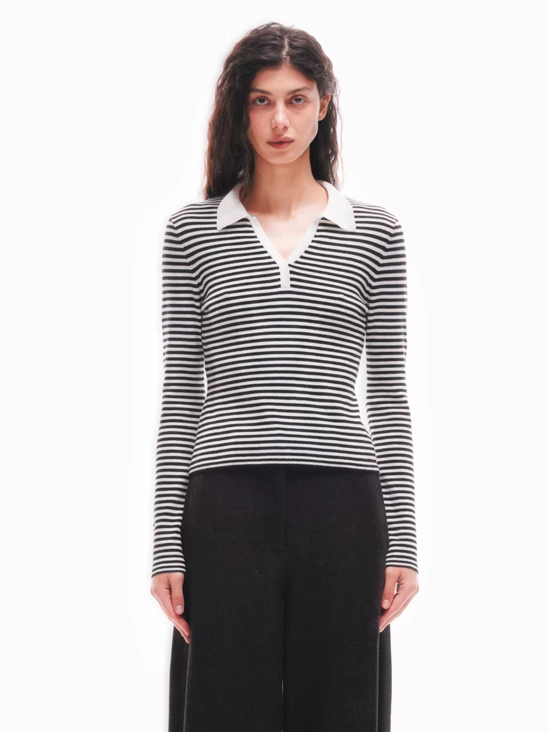 Striped Polo Neck Sweater in Merino Wool Blend