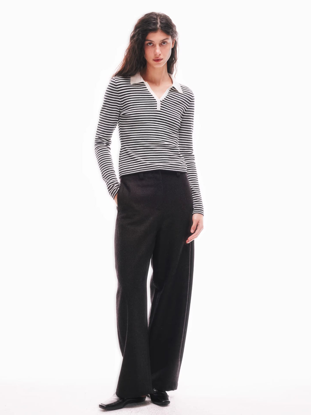 Striped Polo Neck Sweater in Merino Wool Blend