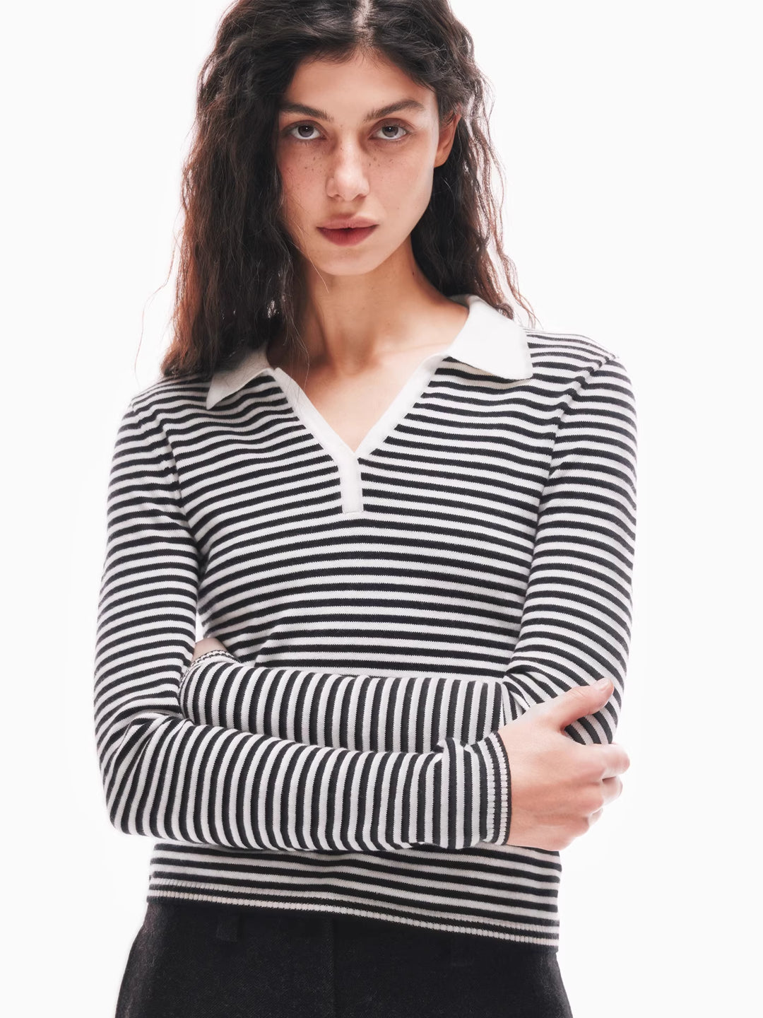 Striped Polo Neck Sweater in Merino Wool Blend