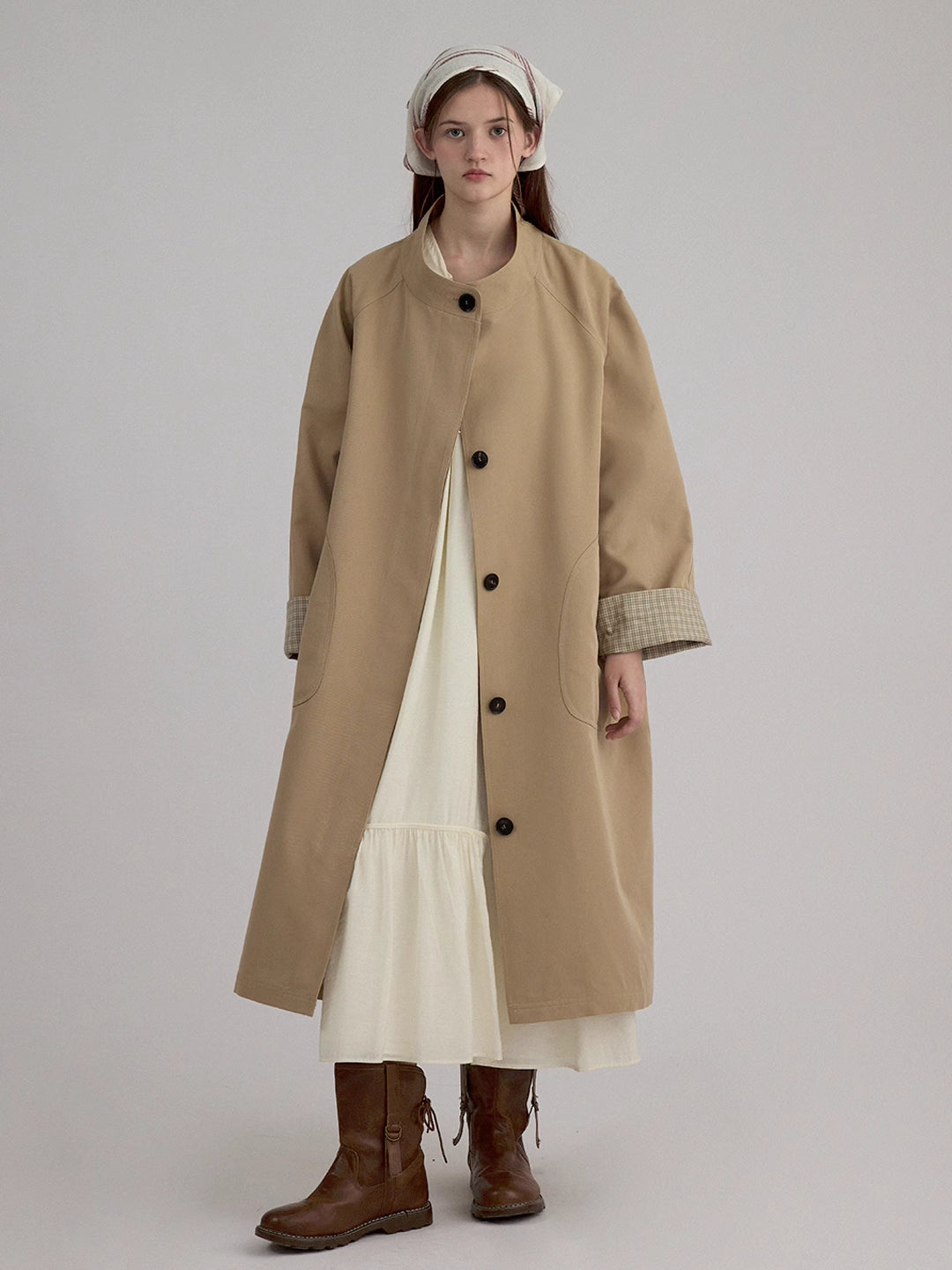 Stand Collar A-Line Mid-Length Trench coat