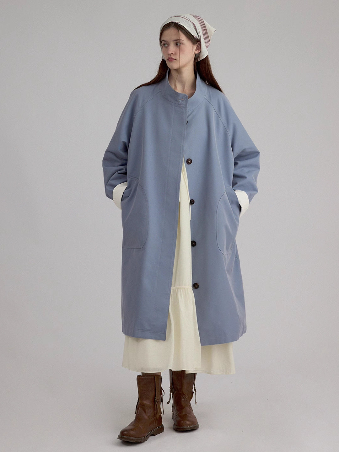 Stand Collar A-Line Mid-Length Trench coat