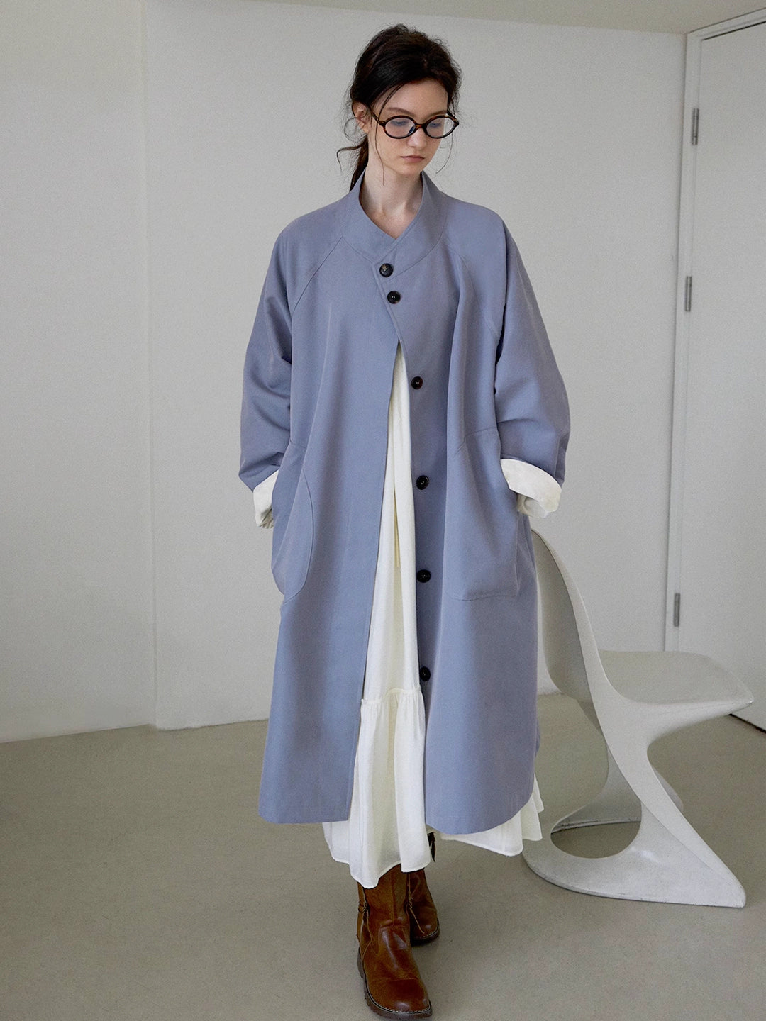 Stand Collar A-Line Mid-Length Trench coat