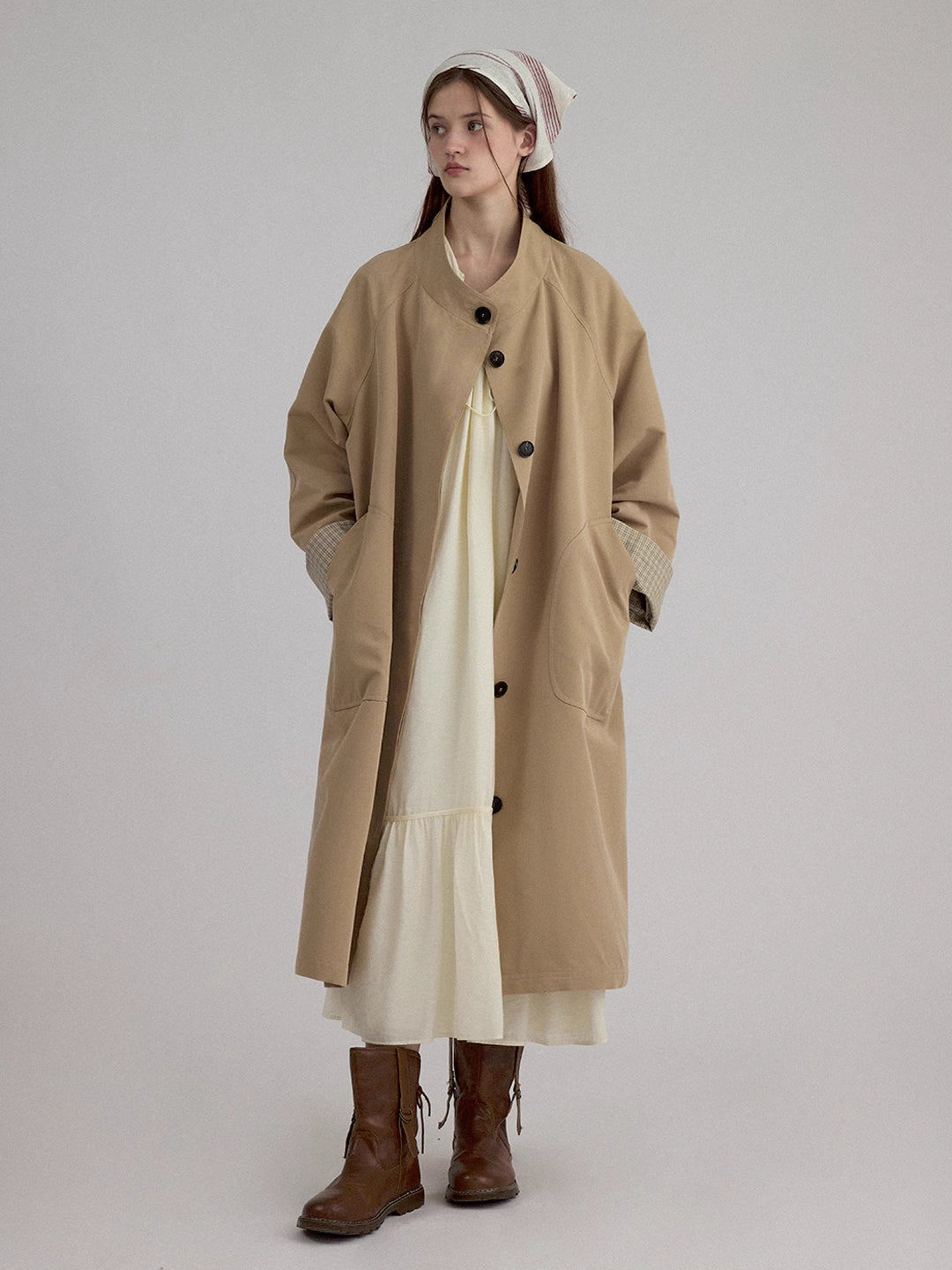 Stand Collar A-Line Mid-Length Trench coat