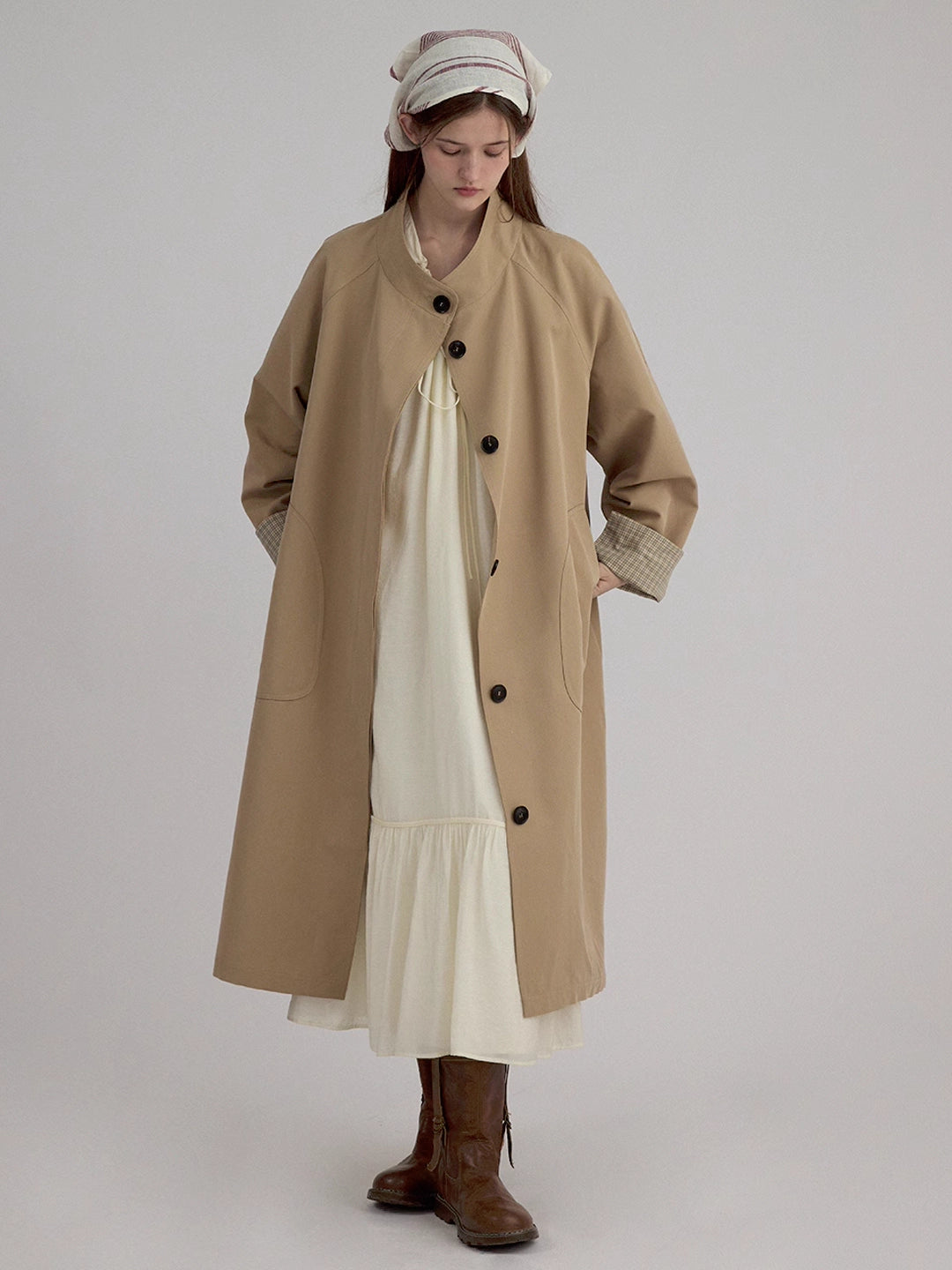 Stand Collar A-Line Mid-Length Trench coat