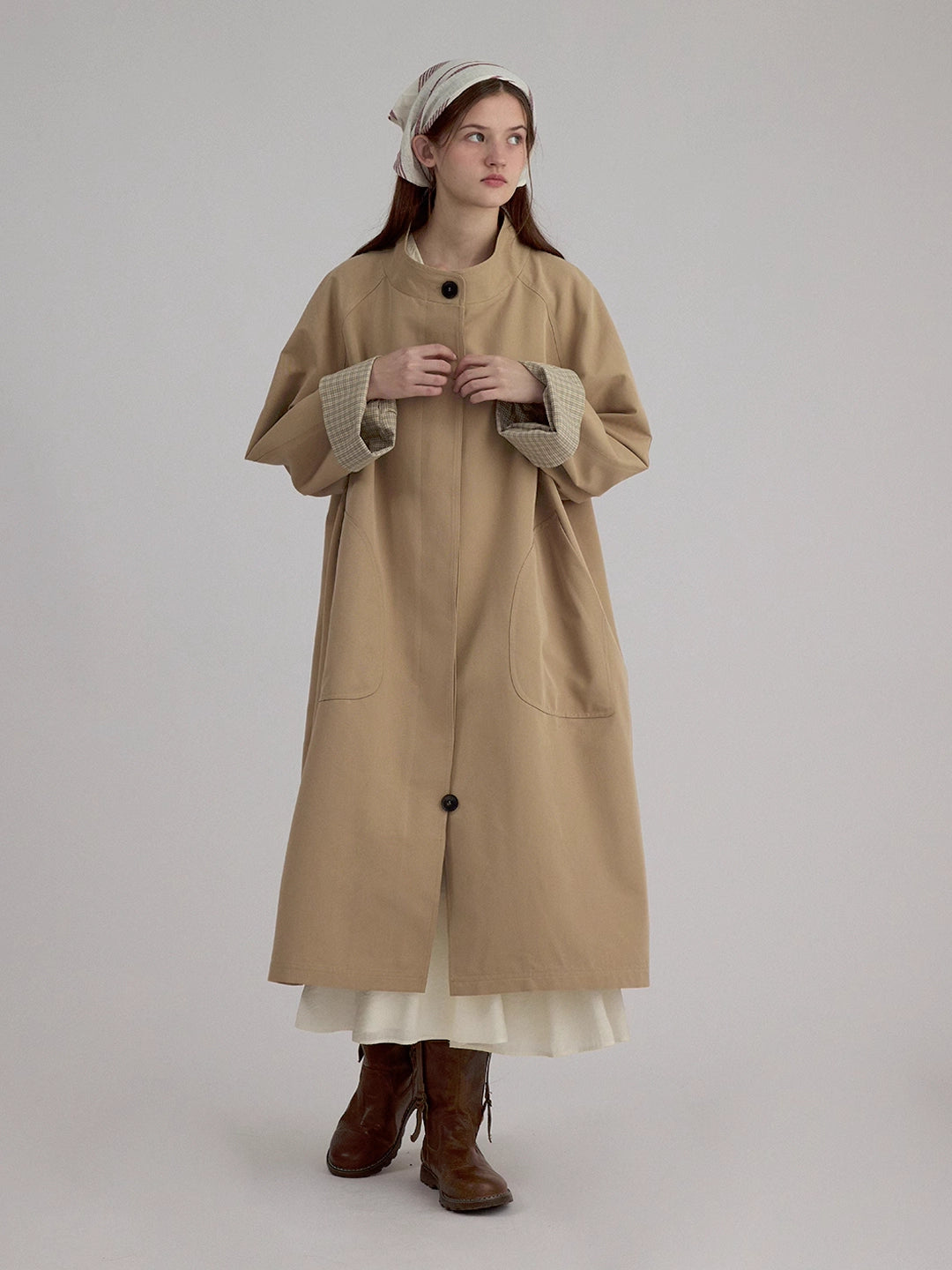 Stand Collar A-Line Mid-Length Trench coat