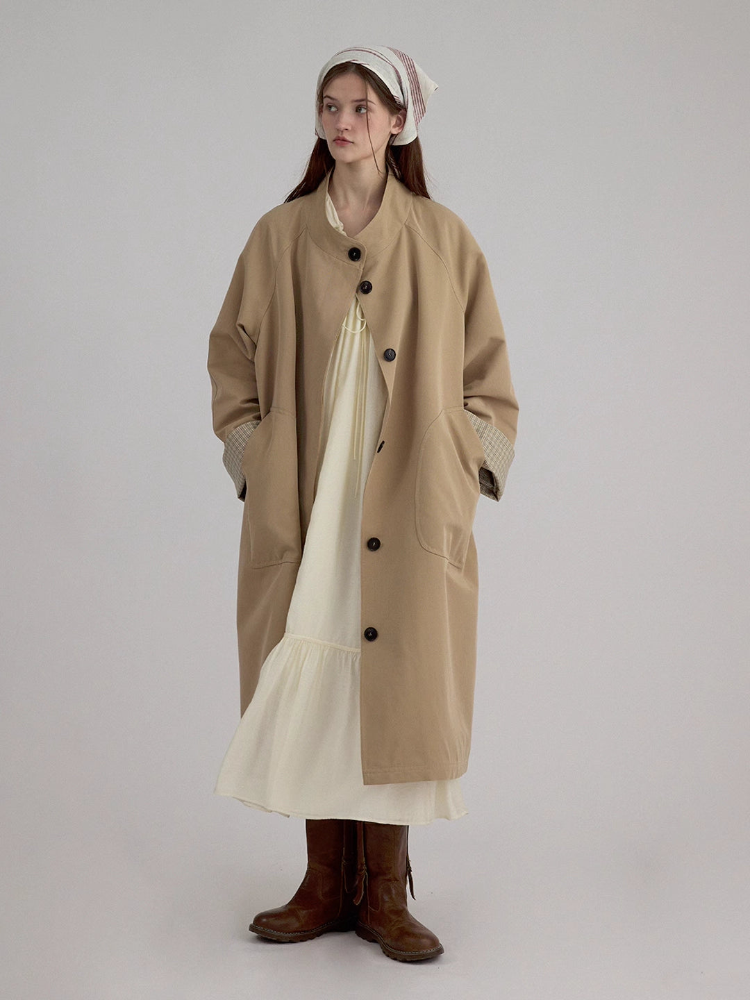 Stand Collar A-Line Mid-Length Trench coat