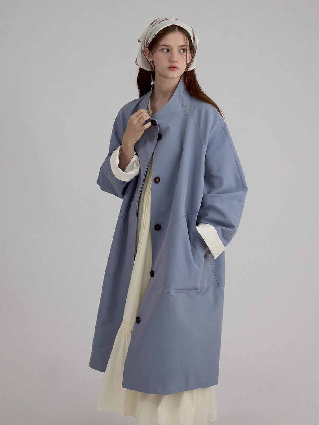 Stand Collar A-Line Mid-Length Trench coat