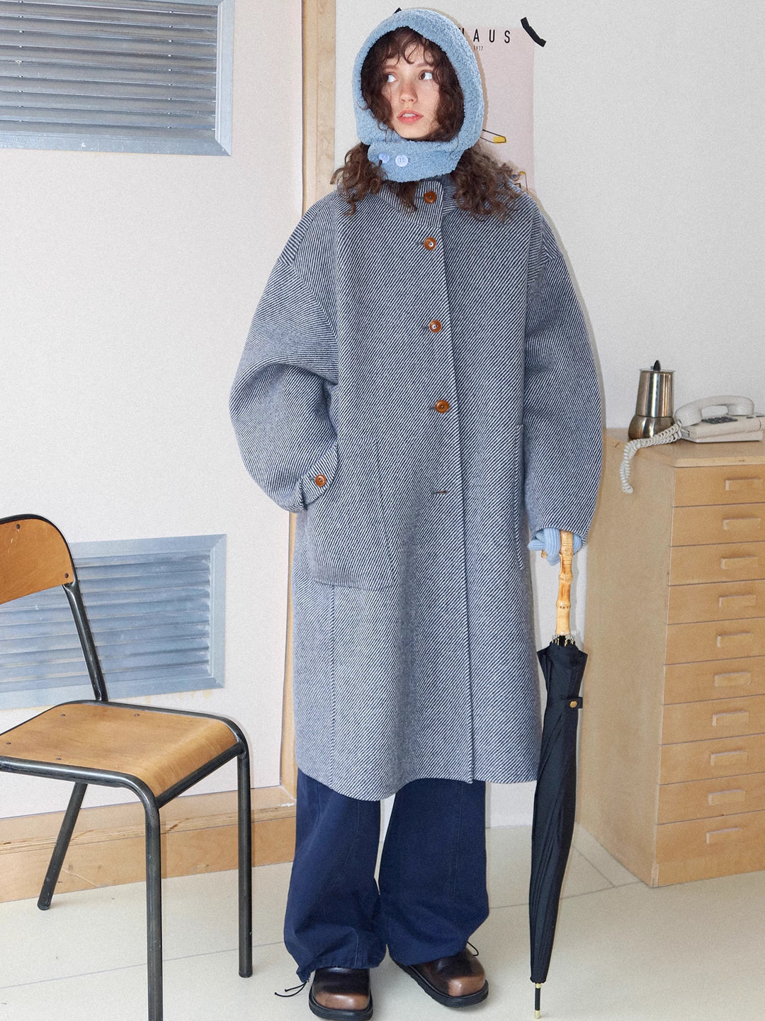 Striped Wool Hooded Long Coat