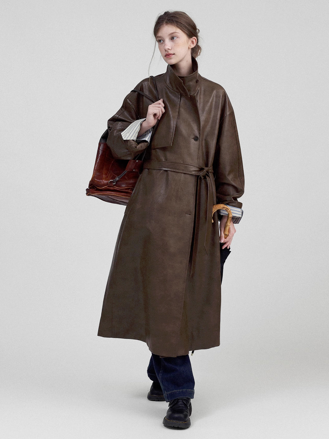 Vintage Stand Collar Leather Trench Coat