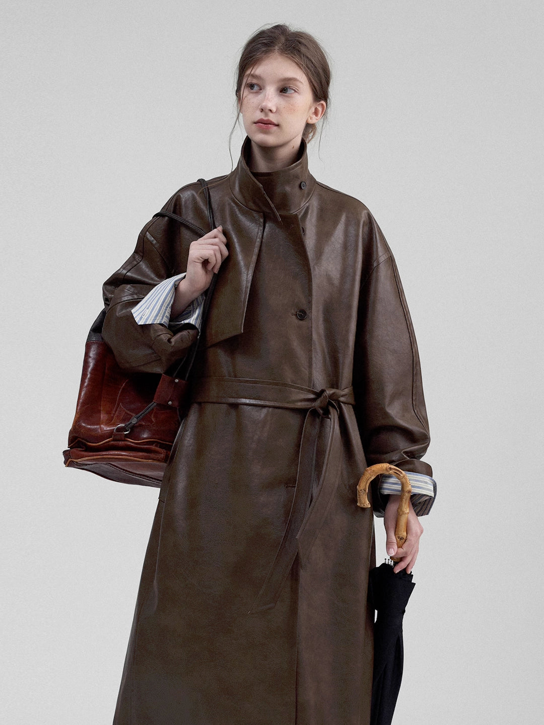 Vintage Stand Collar Leather Trench Coat