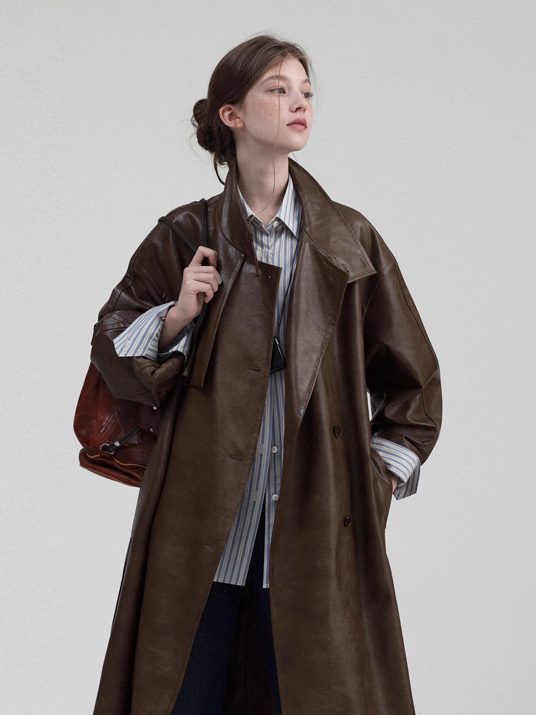 Vintage Stand Collar Leather Trench Coat