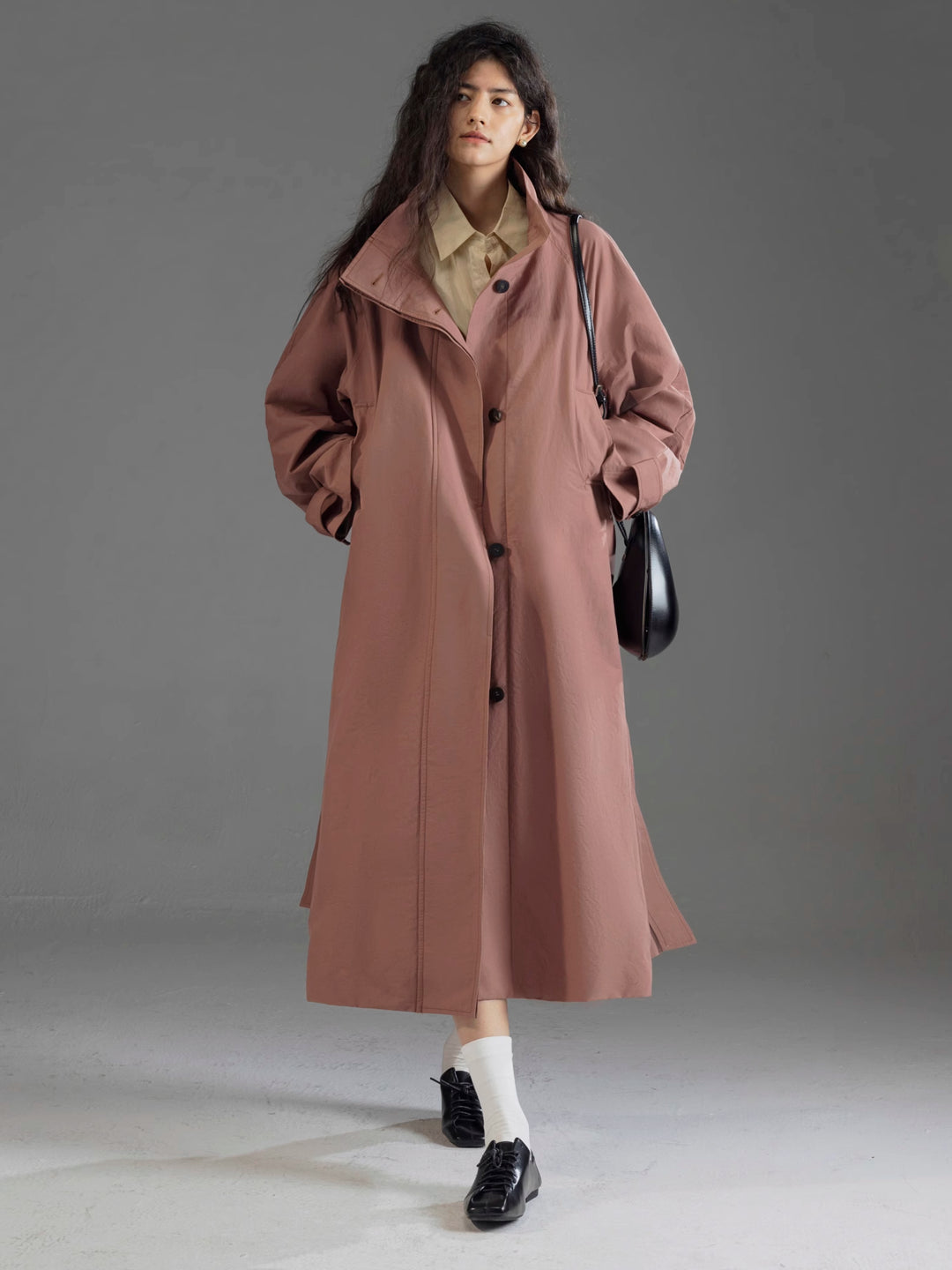 Longline Trench Coat with Stand Collar