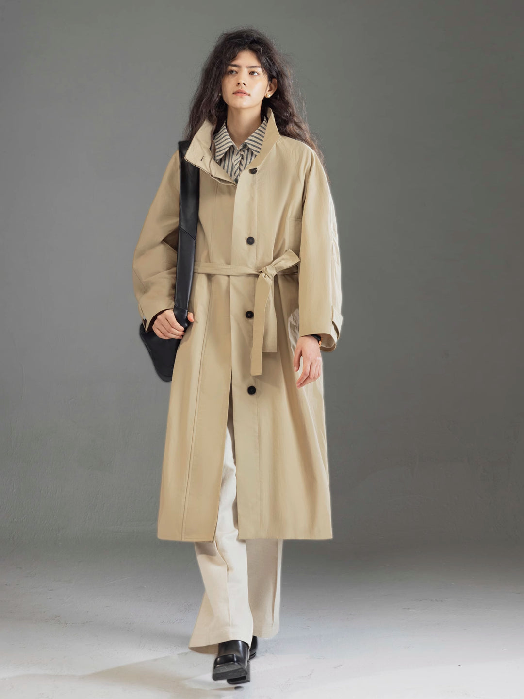 Longline Trench Coat with Stand Collar