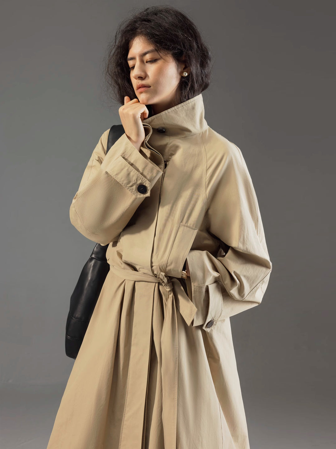 Longline Trench Coat with Stand Collar