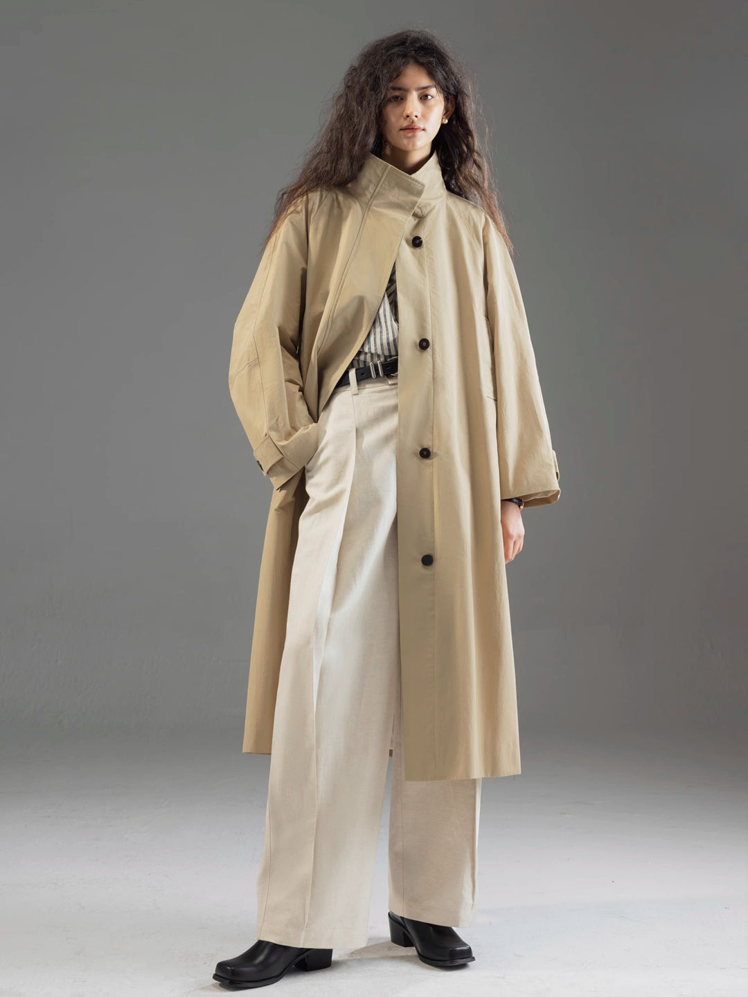 Longline Trench Coat with Stand Collar