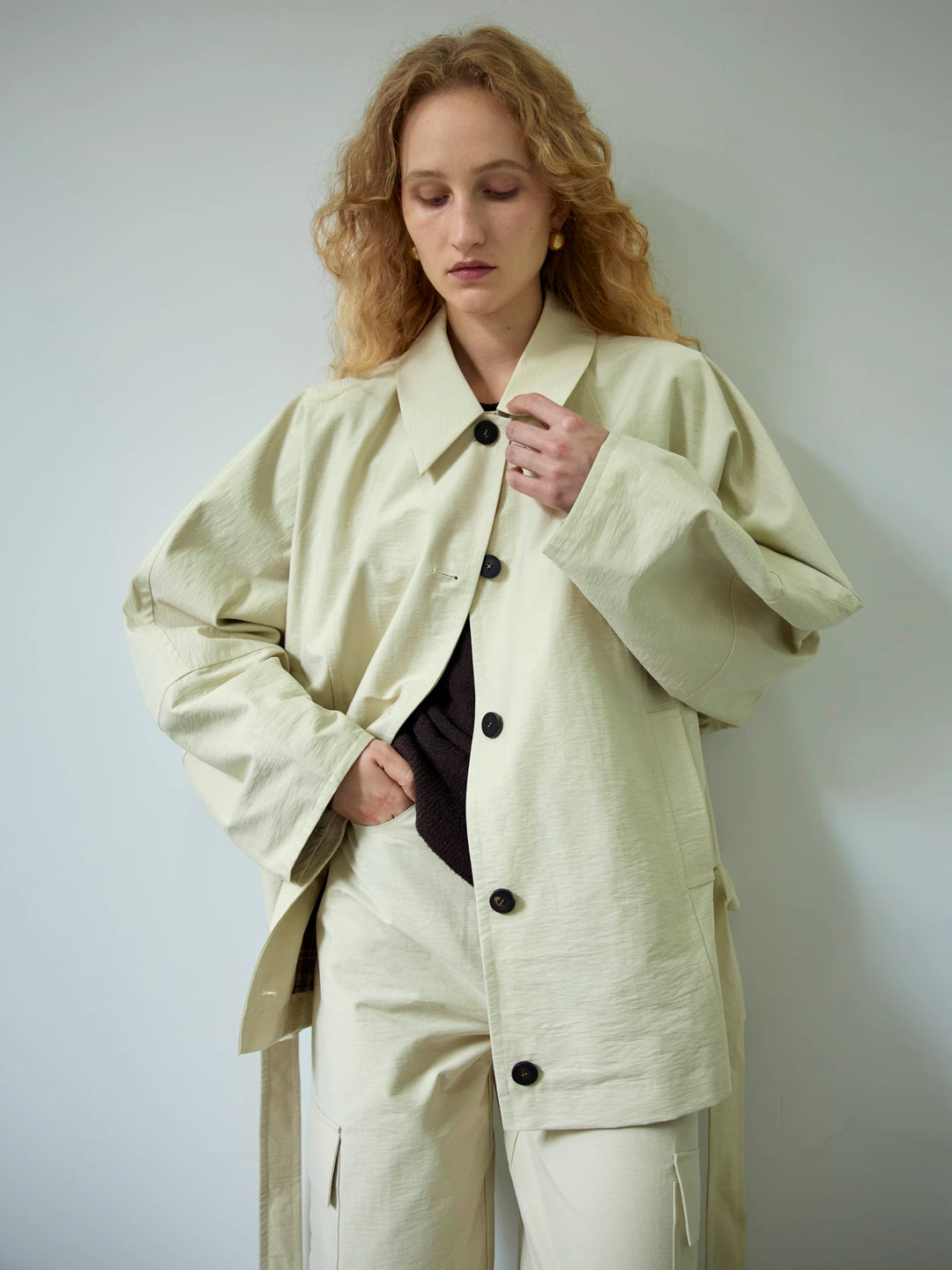 Textured Cotton Batwing Sleeve Short Trench Coat