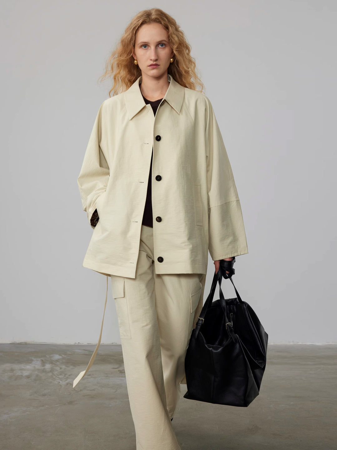 Textured Cotton Batwing Sleeve Short Trench Coat