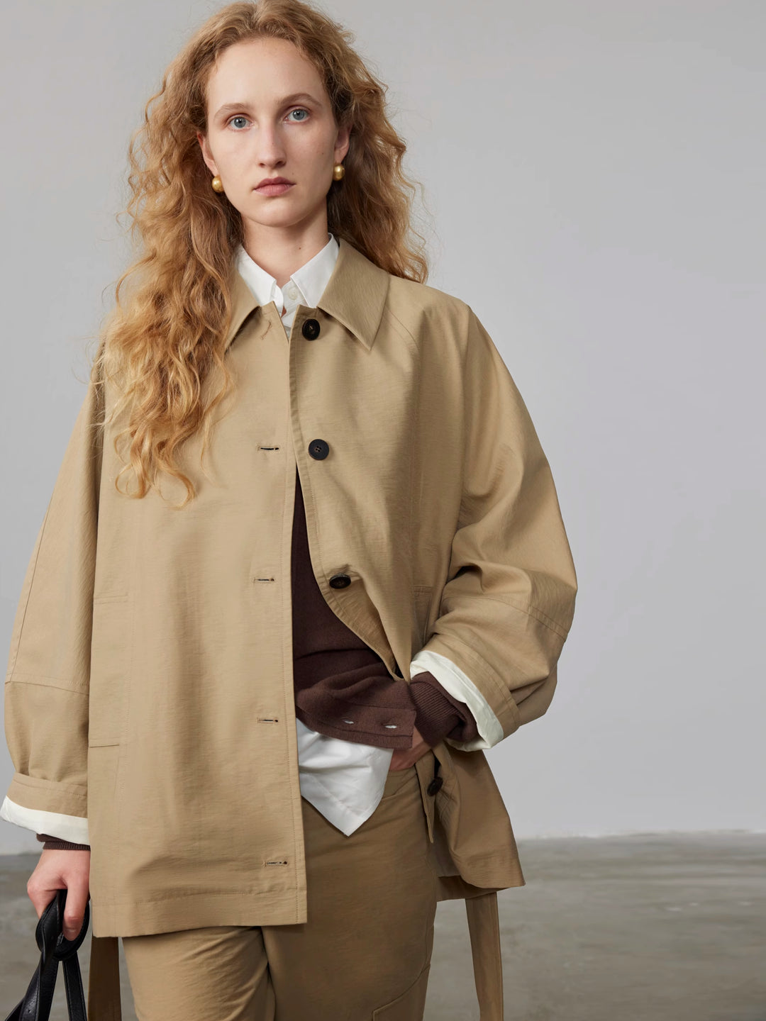 Textured Cotton Batwing Sleeve Short Trench Coat