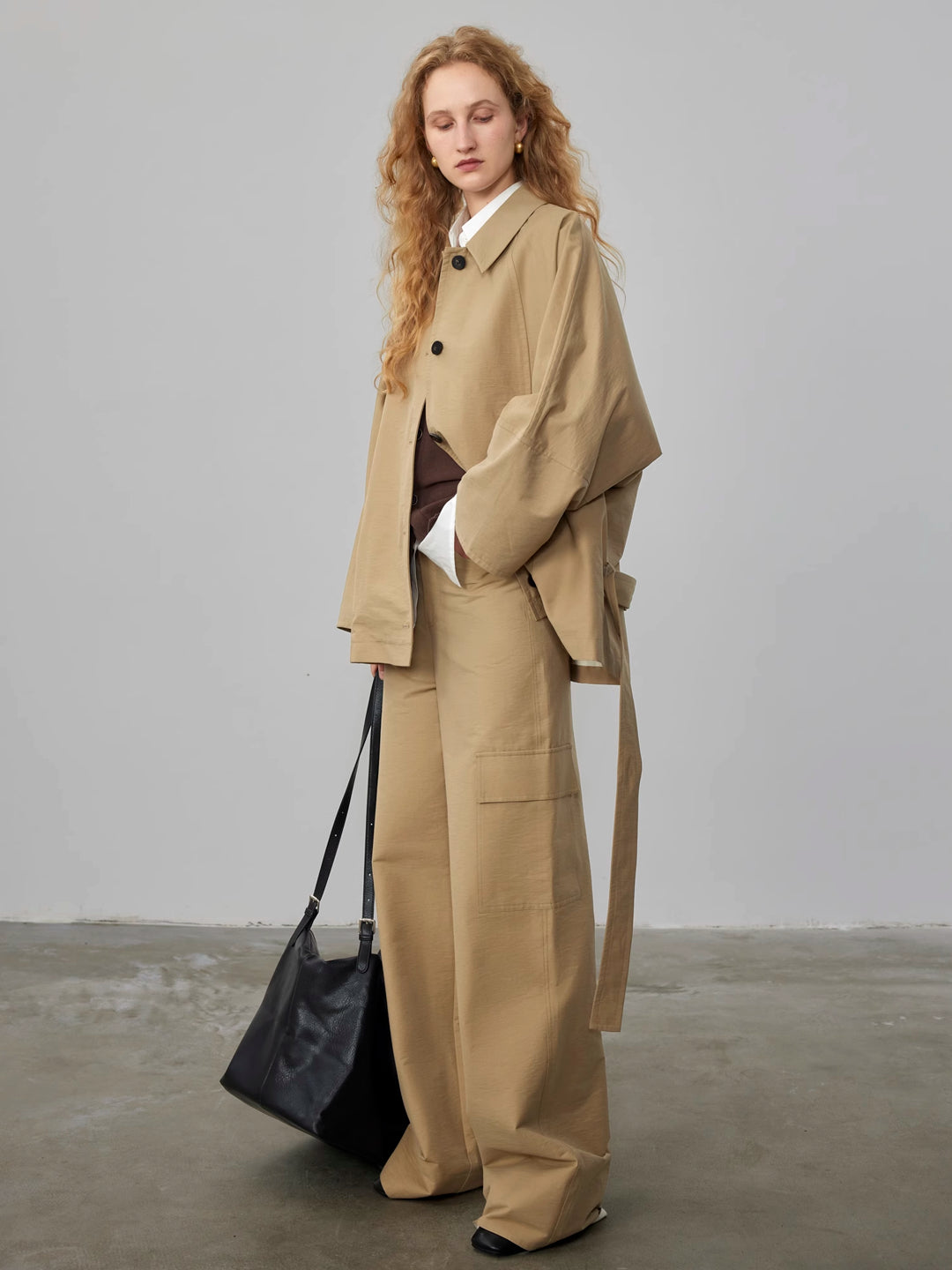 Textured Cotton Batwing Sleeve Short Trench Coat