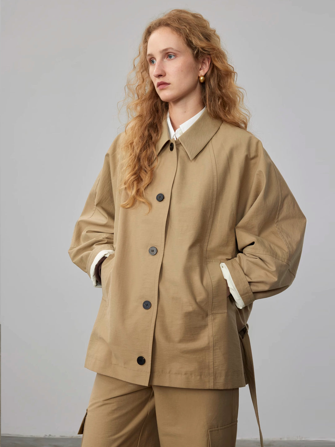 Textured Cotton Batwing Sleeve Short Trench Coat