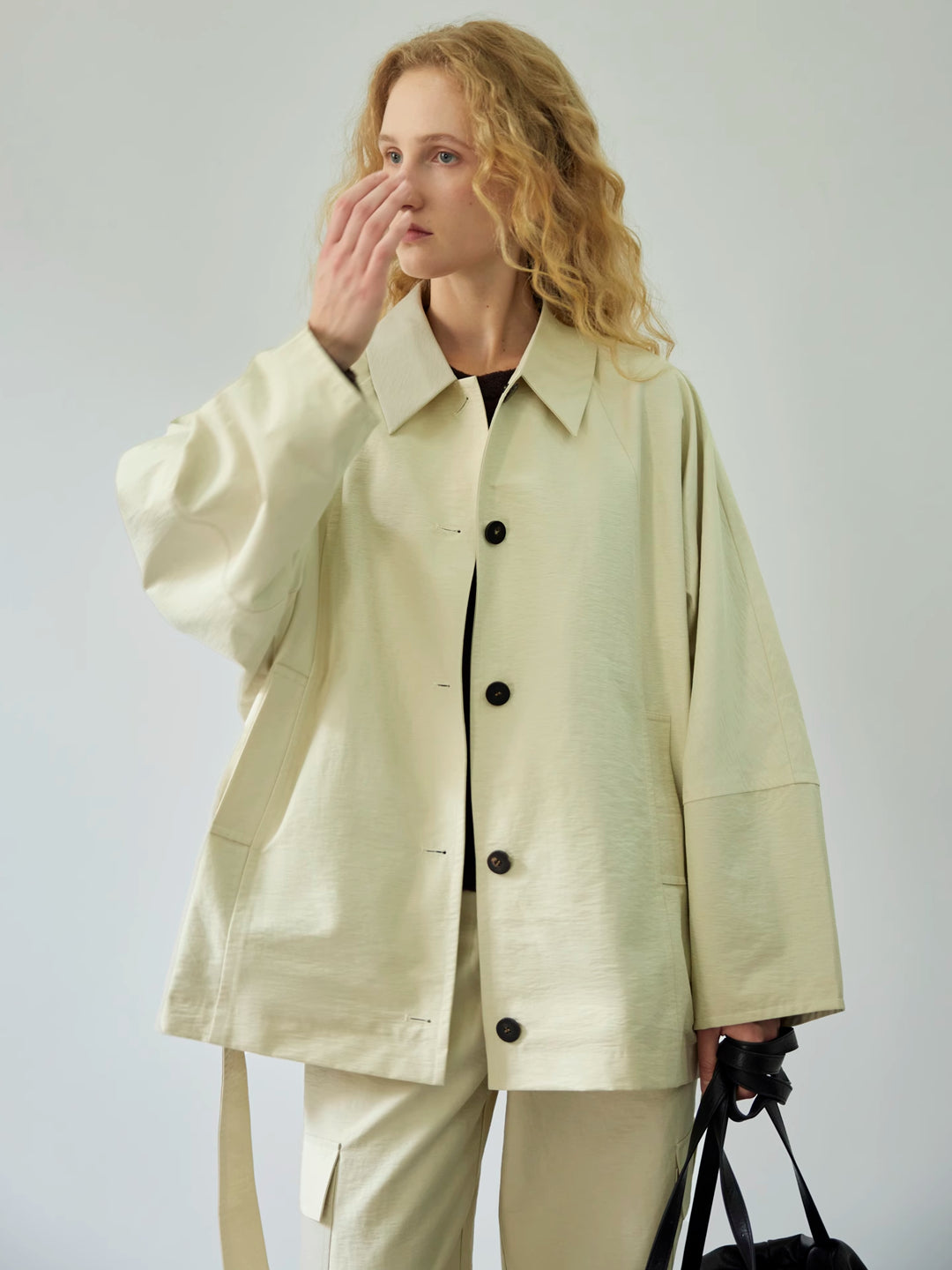 Textured Cotton Batwing Sleeve Short Trench Coat