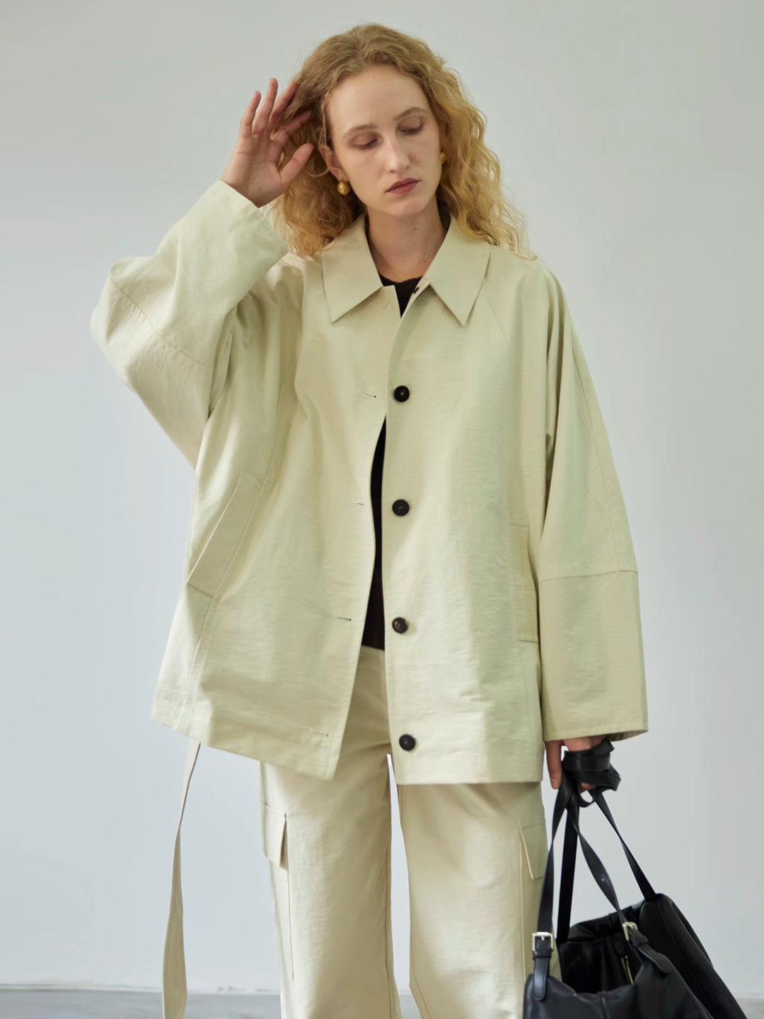 Textured Cotton Batwing Sleeve Short Trench Coat