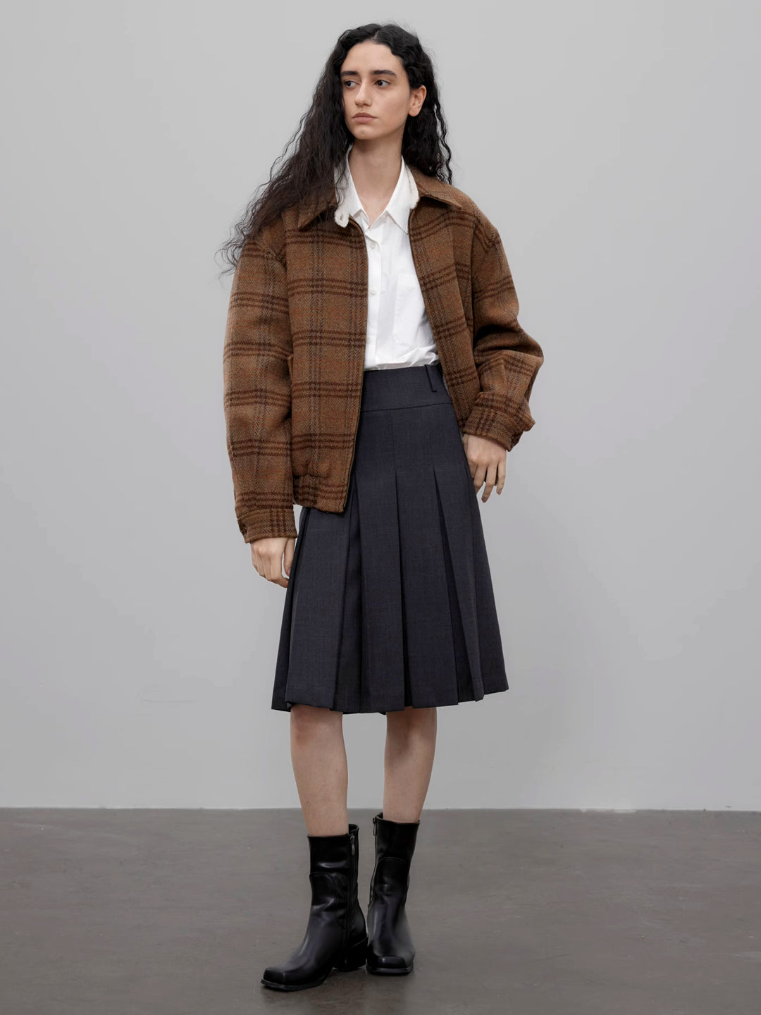 Checkered Bomber Jacket with Lamb Fur