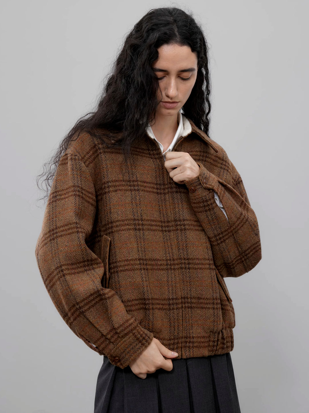 Checkered Bomber Jacket with Lamb Fur