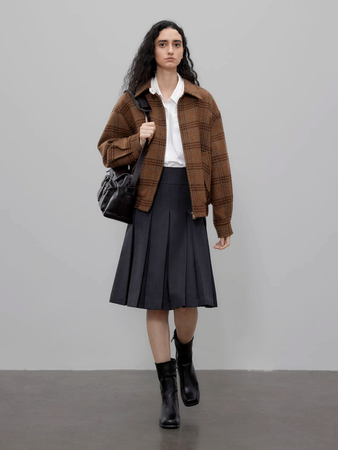 Checkered Bomber Jacket with Lamb Fur