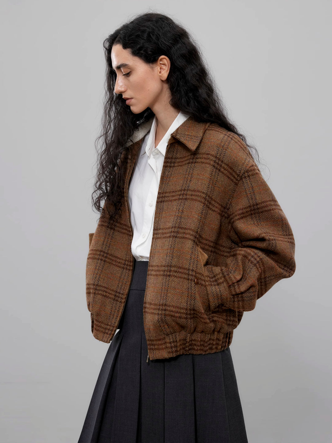 Checkered Bomber Jacket with Lamb Fur