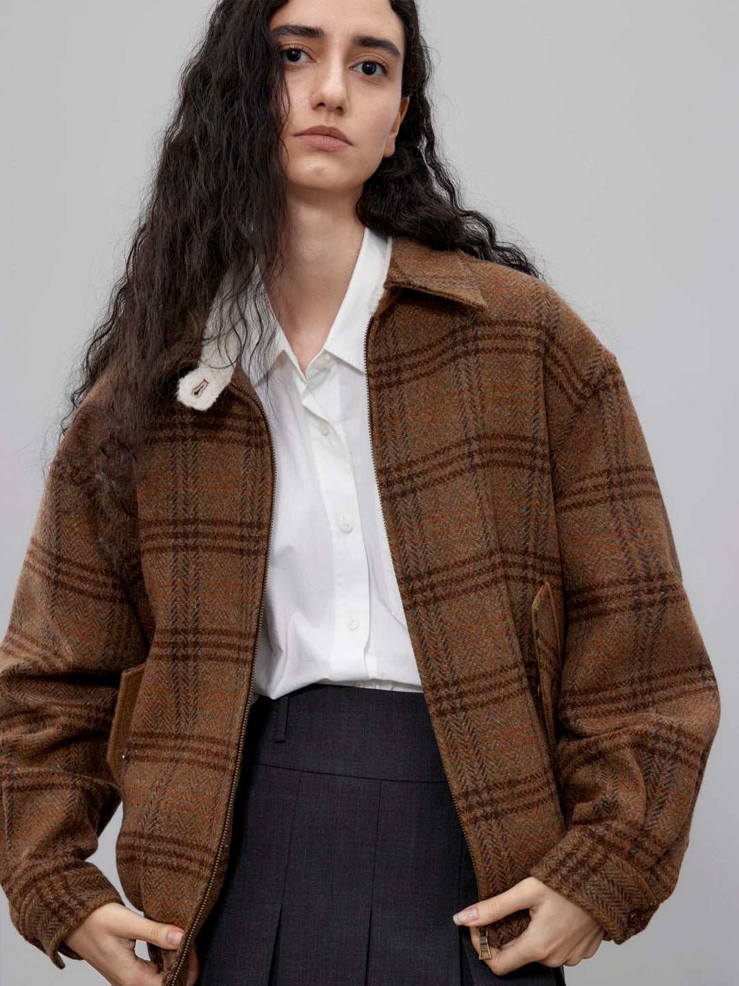 Checkered Bomber Jacket with Lamb Fur