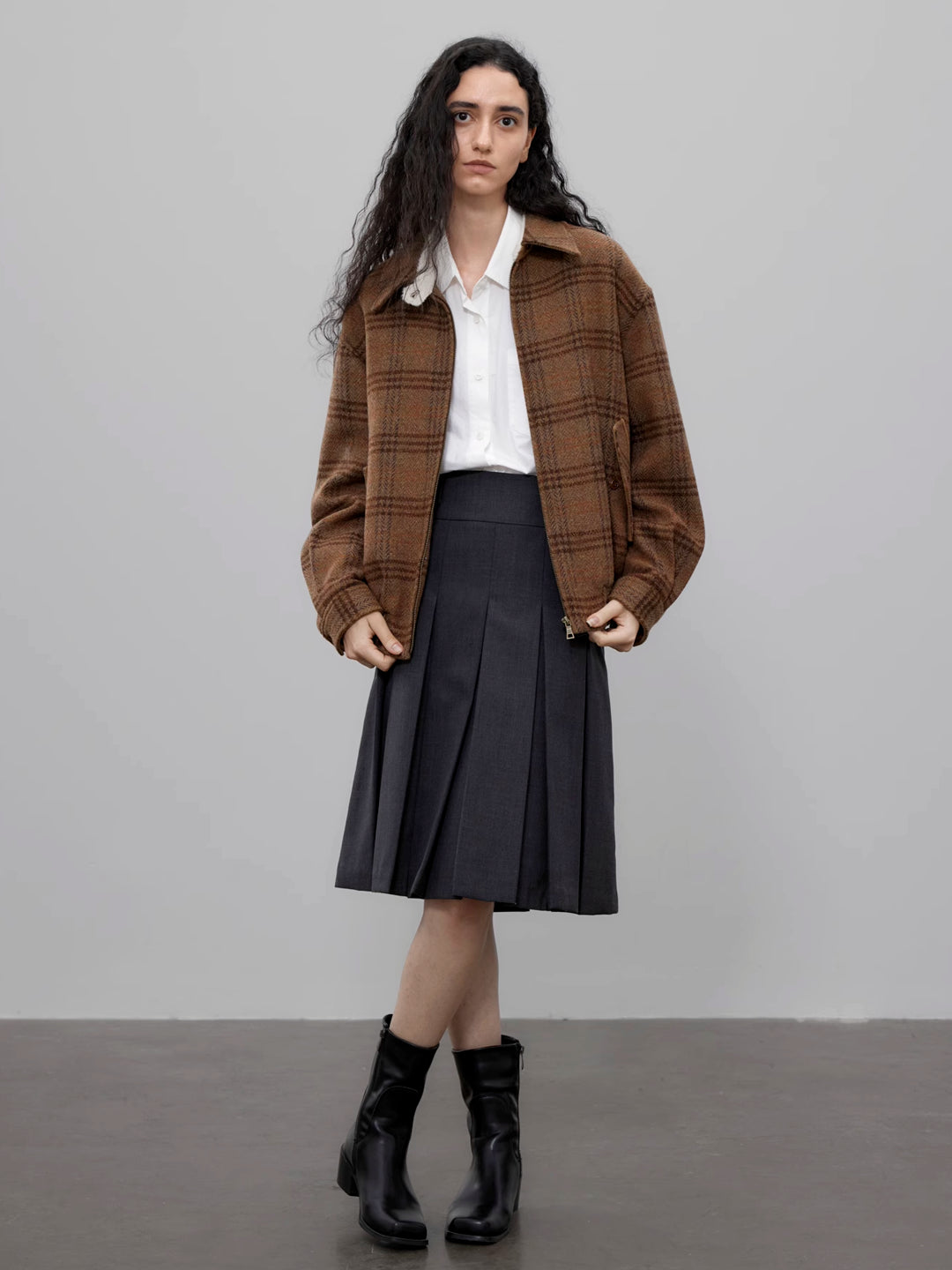 Checkered Bomber Jacket with Lamb Fur