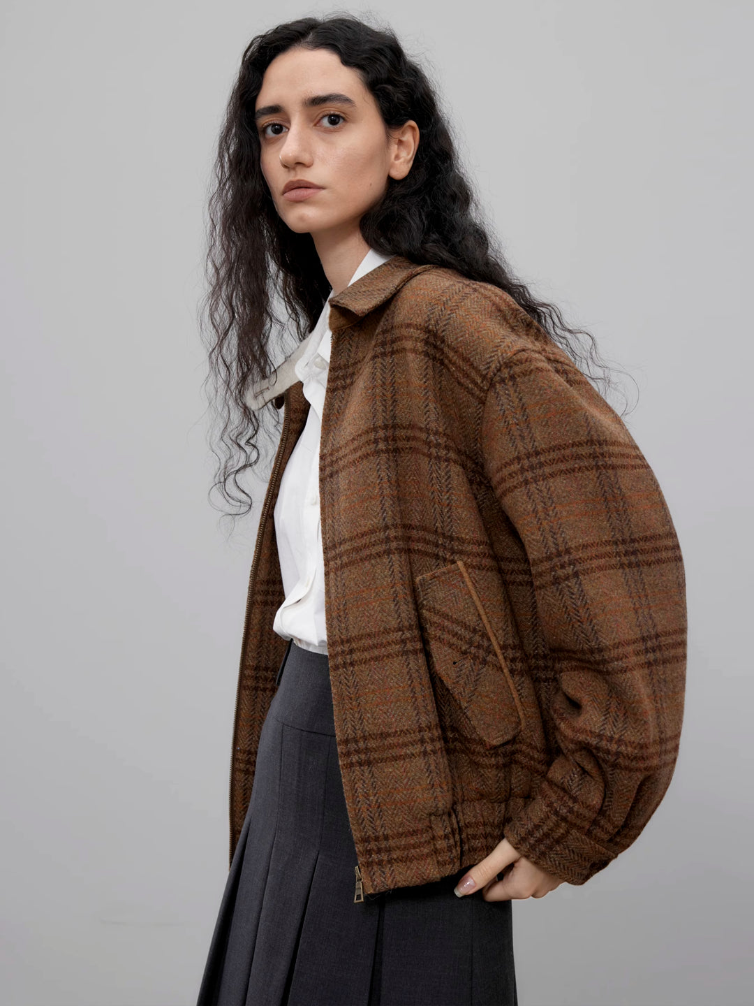 Checkered Bomber Jacket with Lamb Fur