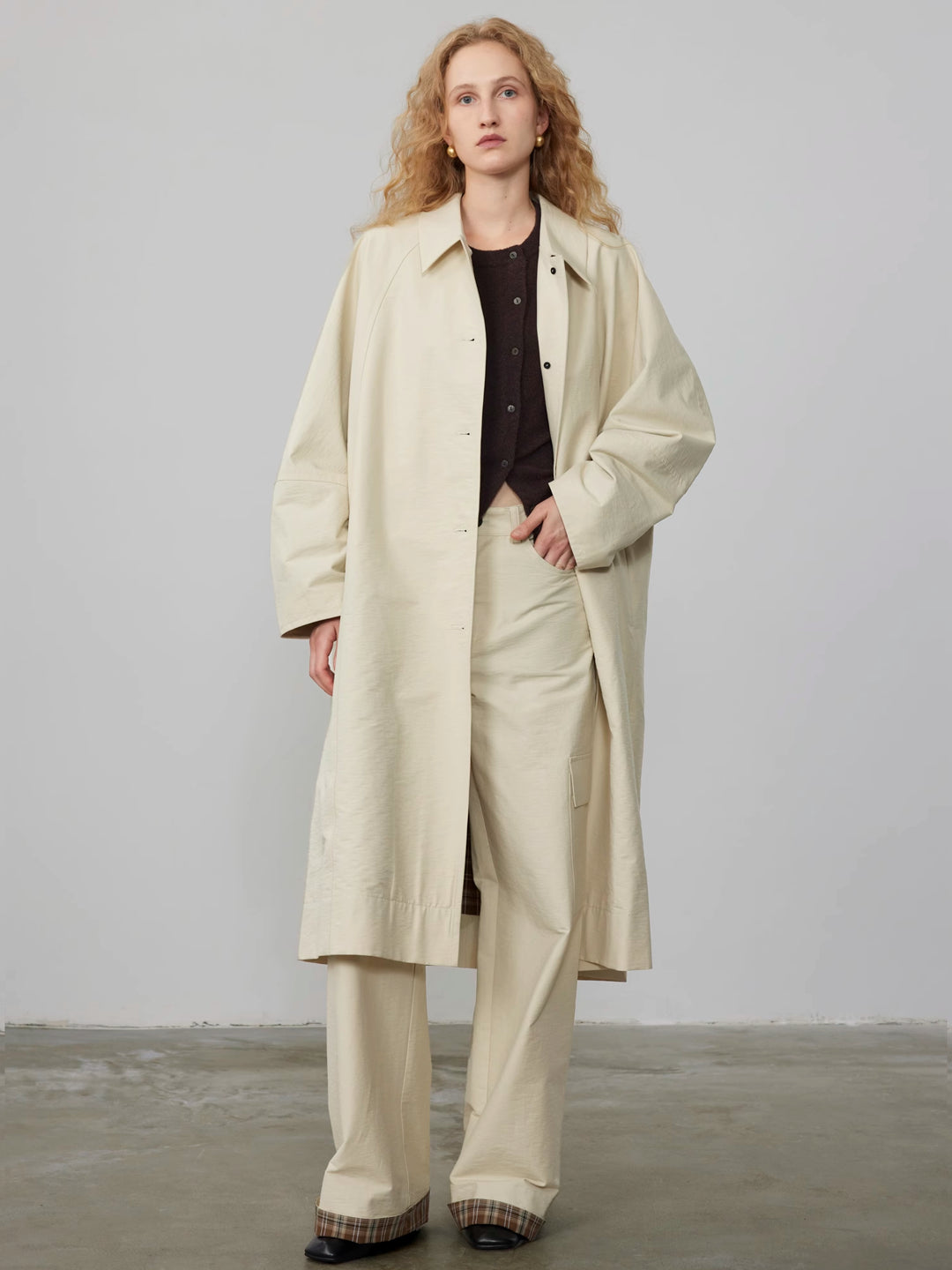 Pointed Collar Long Trench Coat