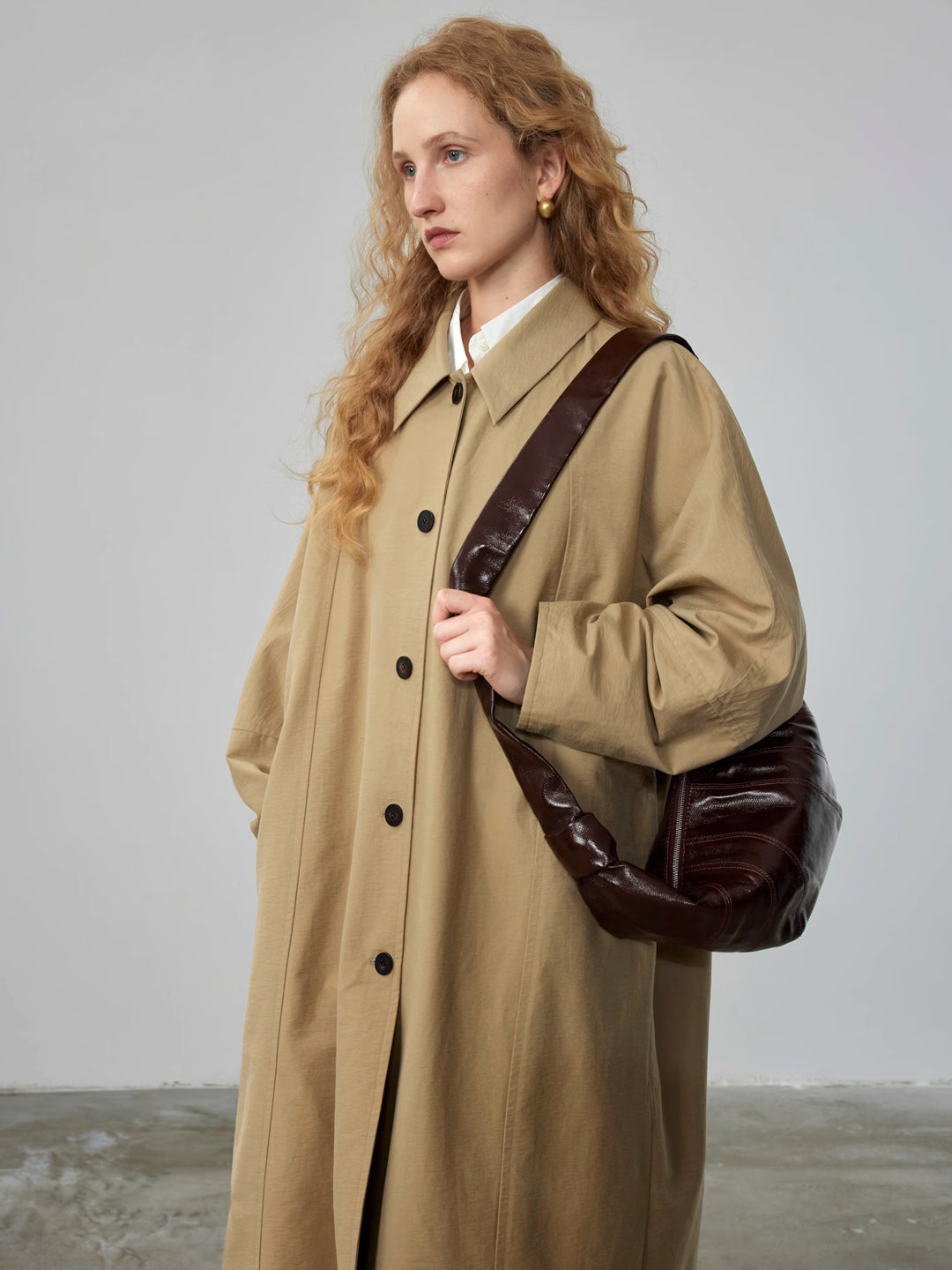 Pointed Collar Long Trench Coat