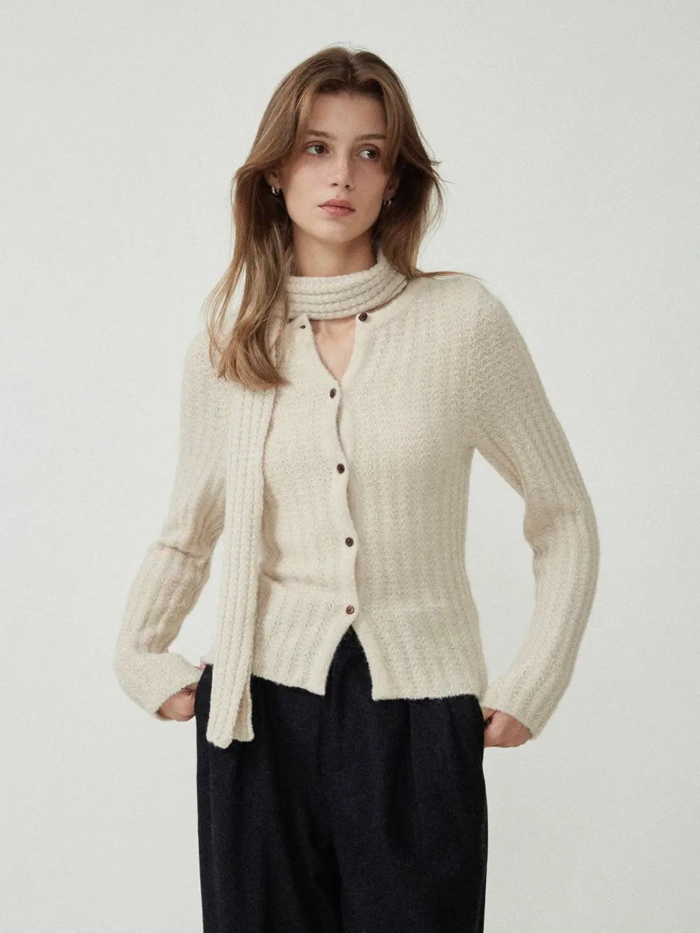 Textured Knit Cardigan and Scarf Set