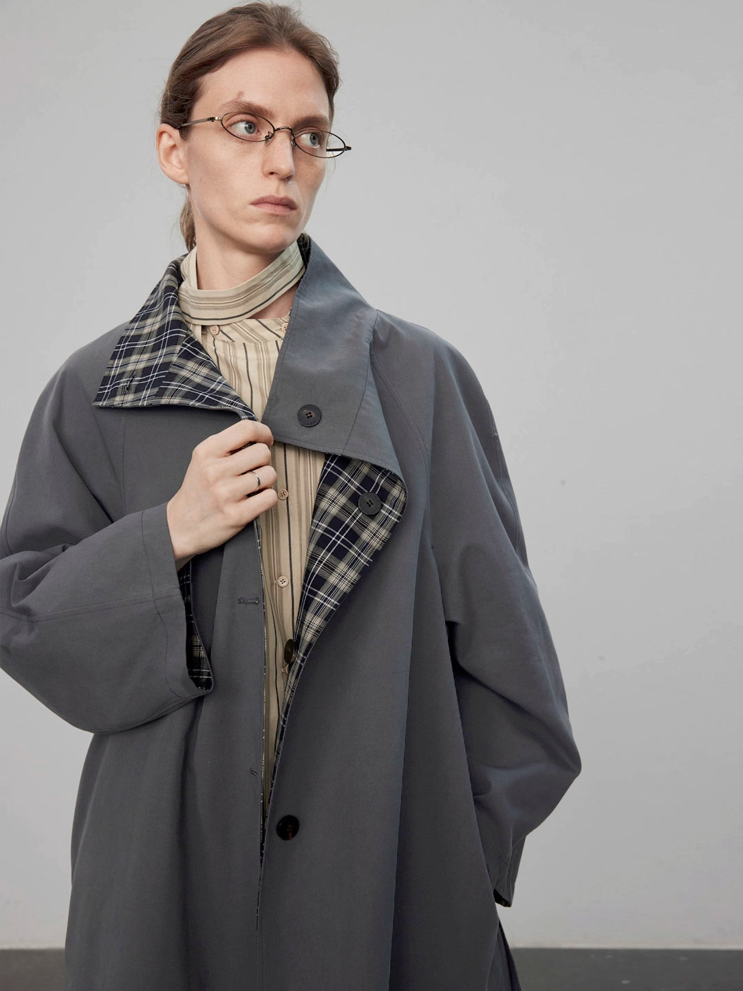 Reversible Checkered Trench Coat with Stand Collar