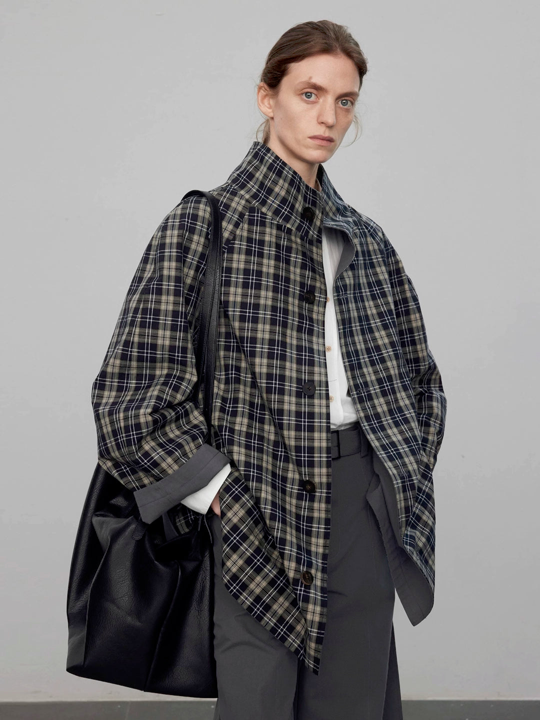 Reversible Checkered Trench Coat with Stand Collar