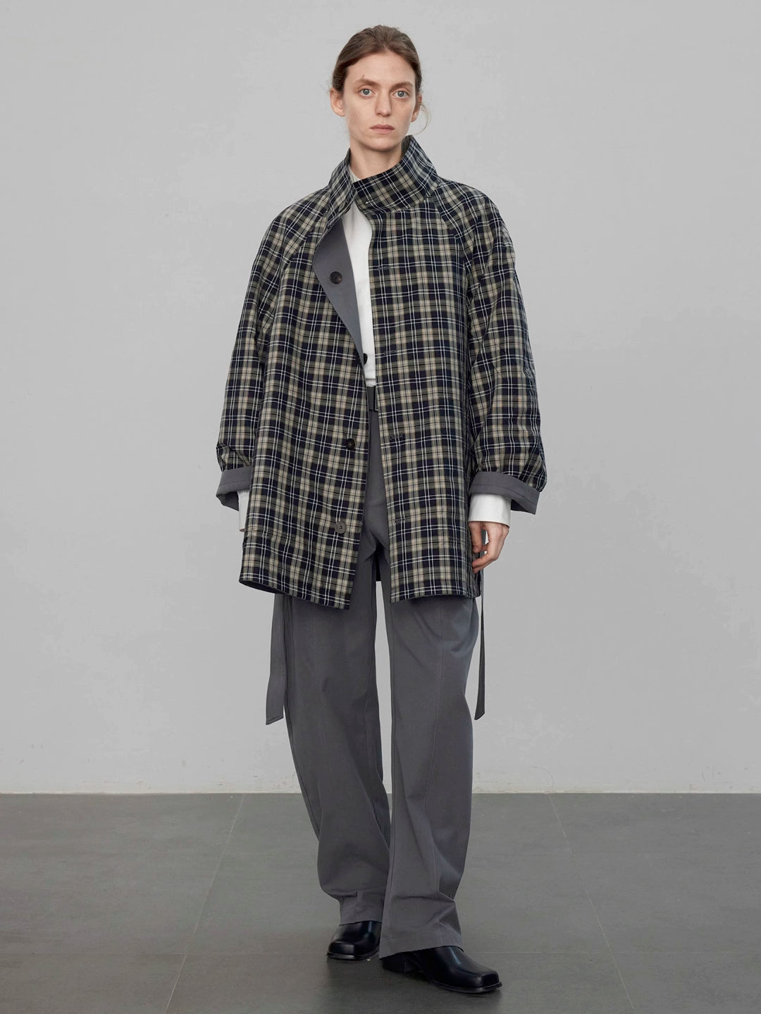 Reversible Checkered Trench Coat with Stand Collar